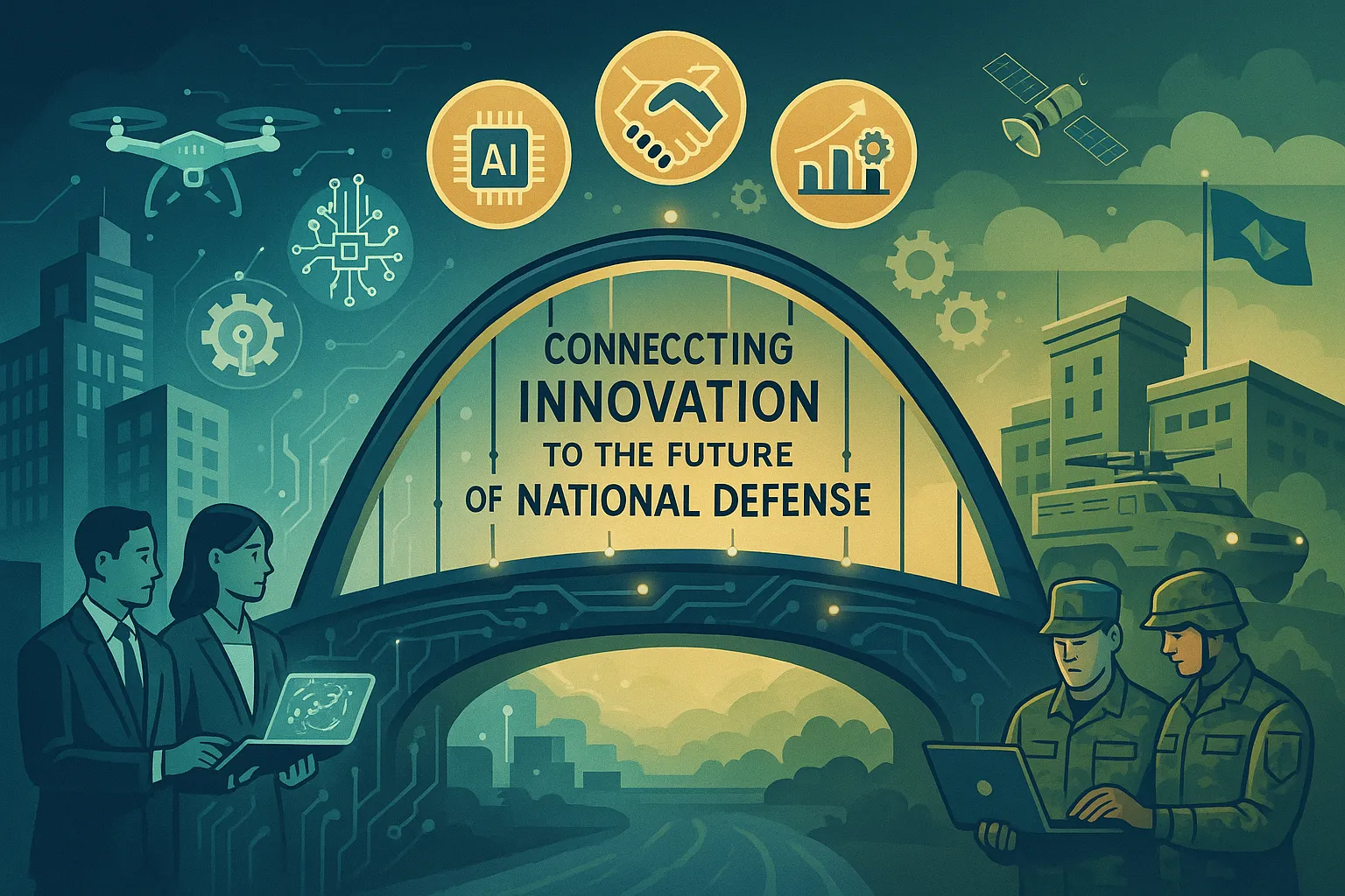 Ilustração de uma ponte conectando uma empresa à Base Industrial de Defesa, representando a missão da ConnecTree