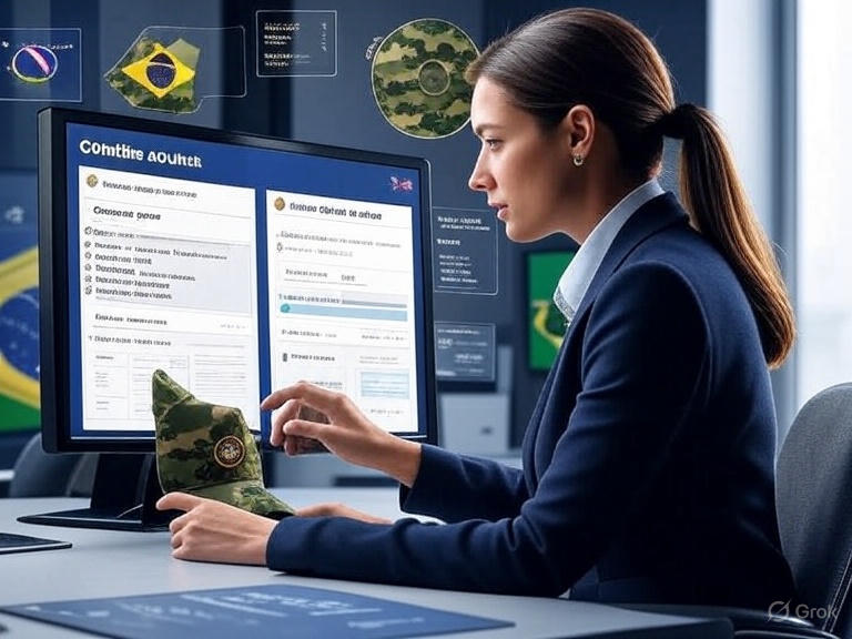 Pessoa pesquisando em um computador, com ícones de lupa e documentos, simbolizando a busca por editais de licitação.